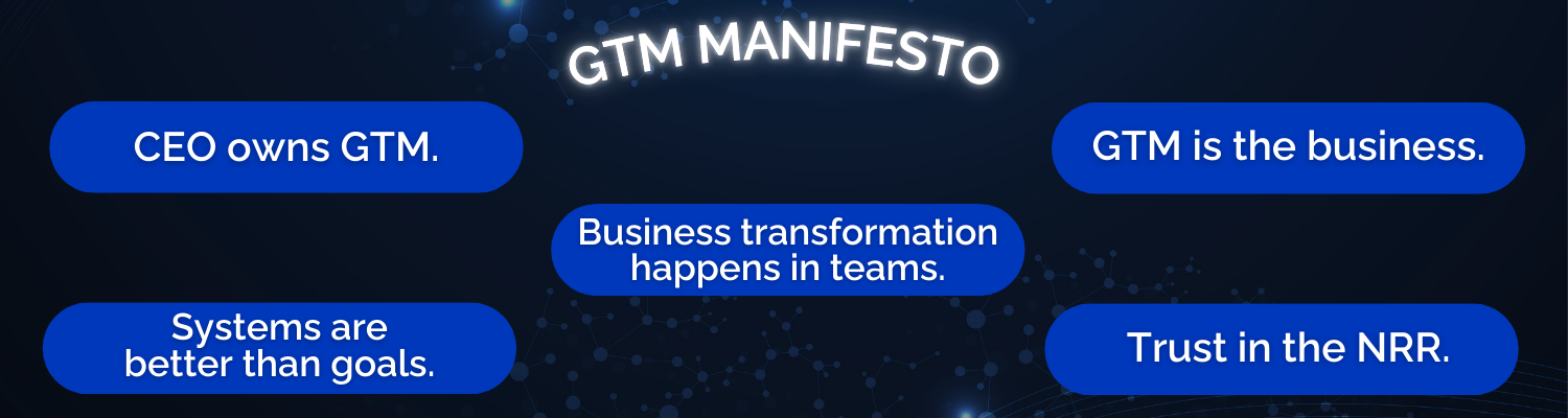 GTM Manifesto CEO owns GTM. Business transformation happens in teams. GTM is the business. Trust in the NRR. Systems are better than goals. Infinityn International